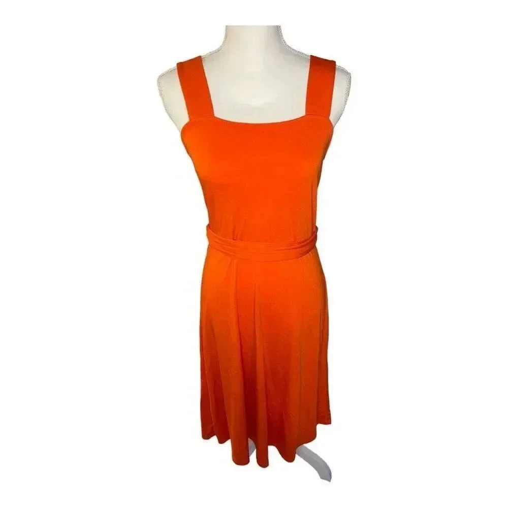 Ann Taylor Factory Petite Small Coral Sleeveless Square Neck Dress Waist Tie